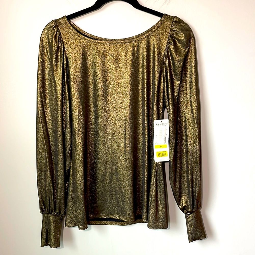 NWT Karen Kane gold metallic long sleeve top size med. Y3k Shine Career cocktail